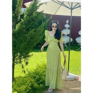 Đầm nữ thời trang mặc đi biển chất xốp chỉ cổ thuyền thắt dây tay ngắn phối xẻ eo hở lưng váy maxi đuôi cá sang chảnh