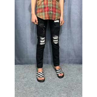  Quần jeans vá da trắng may khâu sát viền salee cho anh em 