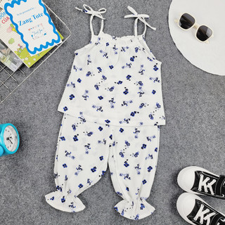 S011 - (10-25kg) Bộ hoa nhí áo 2 dây quần bom Alibaba cho bé gái vải đũi xốp cao cấp