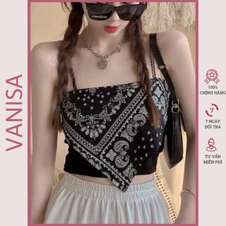 Áo yếm croptop in thổ cẩm hai dây ôm trễ vai nữ kiểu trắng đen xinh VANISA CT058