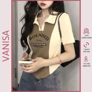 Áo polo thun kiểu phối màu cổ trụ in ảnh nâu đen VANISA CT056