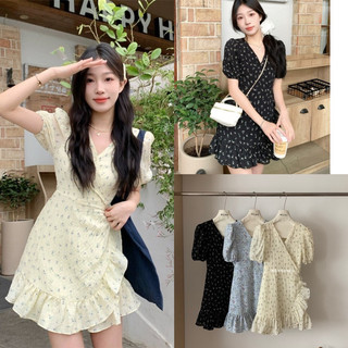 Váy-Đầm Hoa Nhí Cổ V Vạt Chéo Viền Bèo Dây Điều Chỉnh Eo Style Ulzang