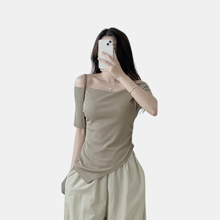 Áo trễ vai cổ thuyền TIDA OFFICAL vạt chéo nhún eo AH04.4 Nâu