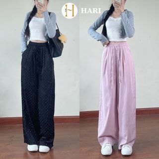 Quần ống suông Hari đính đá cạp chun lưng cao chất vải mềm mịn thoáng mát 637 P4K5