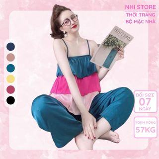 Bộ Mặc Nhà Áo 2 Dây Bèo 3 Tầng Phối Màu Quần Dài Ống Rộng Freesize Dưới 57kg