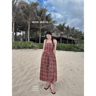 Đầm maxi caro đỏ cúp nhún smoking tùng xoè 2104