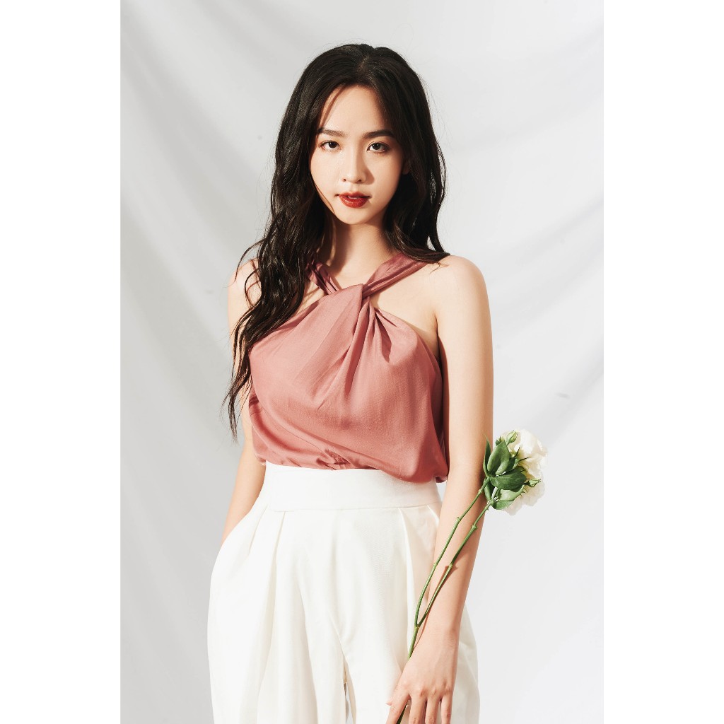 Áo cổ yếm lụa hồng cháy Lacy Harriet
