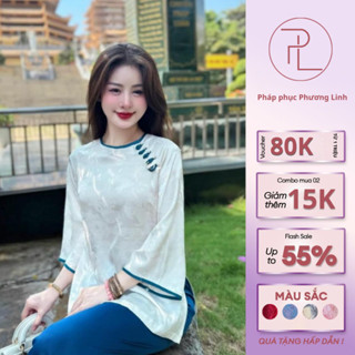 Đồ lam đi chùa khuy tết đính ngọc Phượng Hoàng Pháp phục đi chùa cổ tròn lụa gấm Đồ bộ đi lễ sang trọng