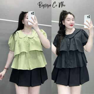 Áo sơ mi Bigsize kiểu babydoll nữ 50-95kg dáng lửng tay bồng ngắn vạt bèo chất vải đũi xốp mềm mát SM163