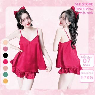 Bộ Mặc Nhà Nhistore Bộ Quần Ngắn Bèo Áo 2 Dây Cổ Tim Kèm Phụ Kiện Đáng Yêu Freesize Dưới 57kg