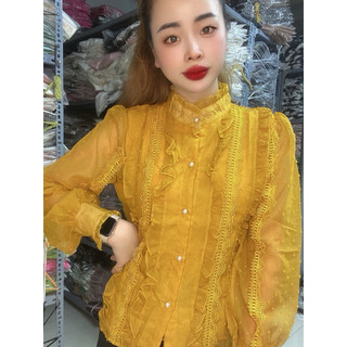 Áo sơ mi bánh bèo tiểu thư pha ren cổ trụ