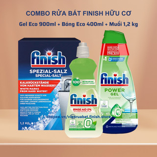 Combo rửa chén hữ cơ Gel finish Eco 0% 900ml+Bóng finish 400ml+ Muối finish 1,5kg dùng cho máy rửa bát.