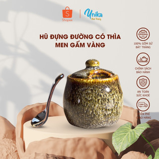 Hũ đường men gấm vàng kèm thìa - Hũ đường gốm có thìa - Lọ đựng đường gốm sứ cao cấp