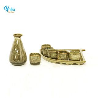 Bộ Bình Và Chén Rượu Sake Vuốt Men Gấm Vàng