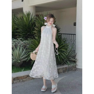 Đầm ren hoa thêu thời trang thiết kế nữ mặc đi chơiđầm dài xòe đính hoa cổ dây thắt nơ nhẹ nhàng tiểu thư