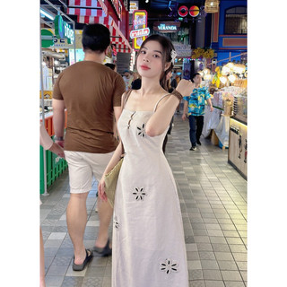 Florence- Đầm midi hai dây đính nút và hoa thêu vải linen kem
