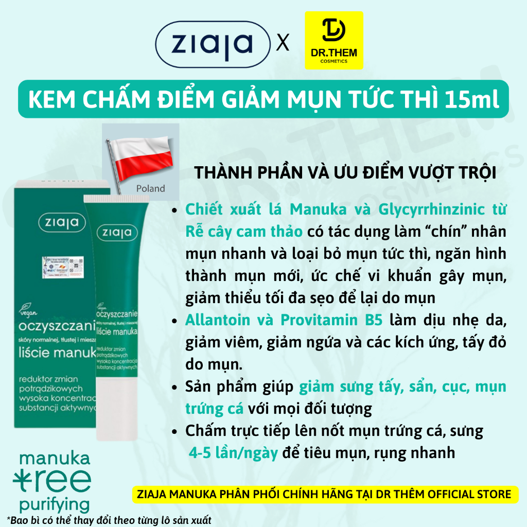 Kem Chấm Mụn Ziaja Manuka 15ml, Giảm Mụn Tức Thì Cho Da Mụn Trứng Cá - Dr Thêm- Dr Thêm