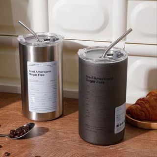 Bình đựng nước giữ nhiệt Iced Americano có ống hút dung tích 600ml, Ly cốc giữ nhiệt cute uống cà phê dùng văn phòng