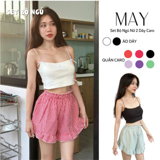 Set Bộ Ngủ Hai Dây Dễ Thương Quần Caro Có Lẻ Áo Và Quần Cho Nữ