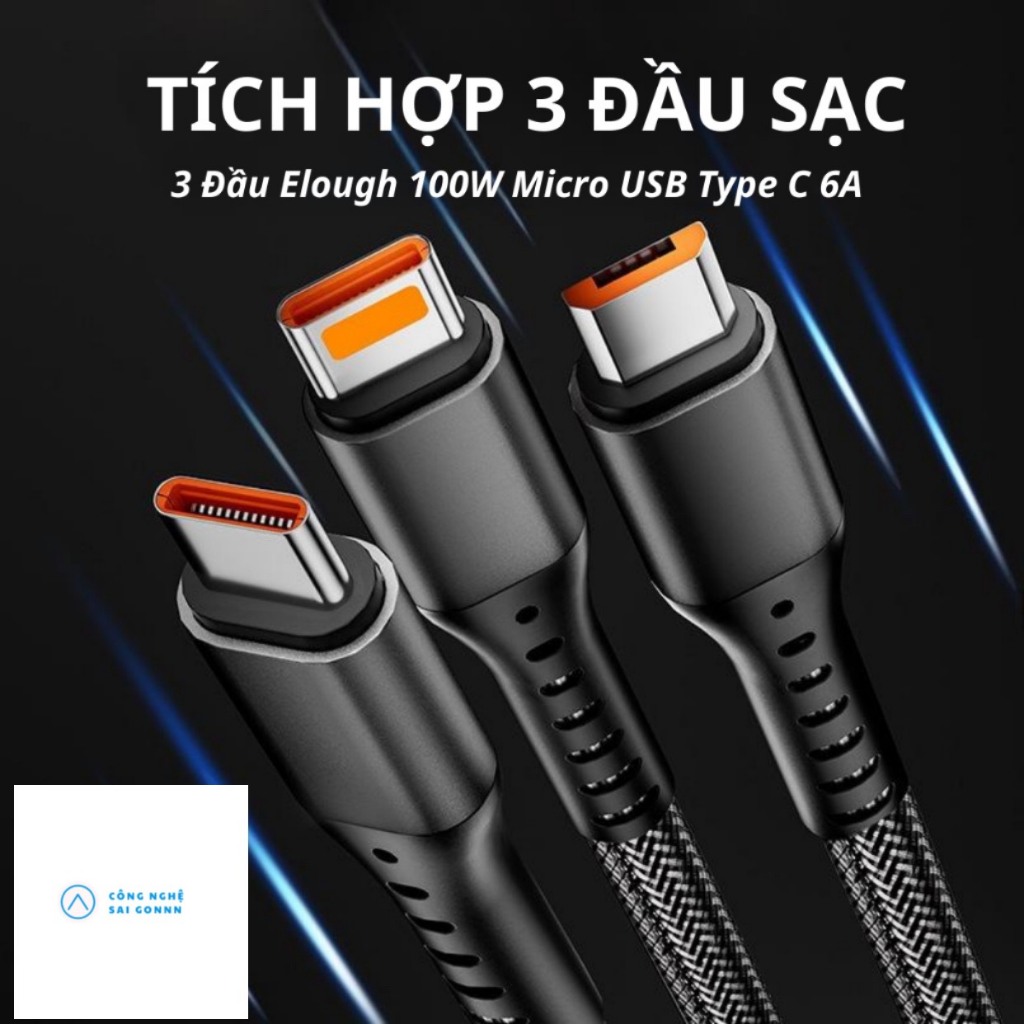 Dây Cáp Sạc Dữ Liệu Sạc Nhanh Elough 100W Micro USB Type C 3 Trong 1 6A,Dây cáp 3 đầu nhanh chất lượng tốt