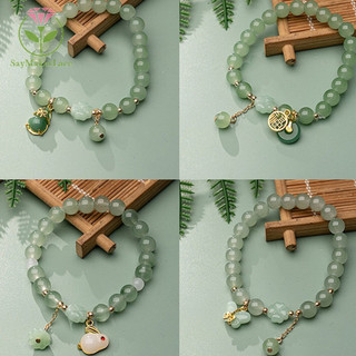 Vòng tay hạt đá giả ngọc bích phong cách thanh lịch, vòng tay charm cỏ bốn lá phong cách cổ trang, thanh lịch