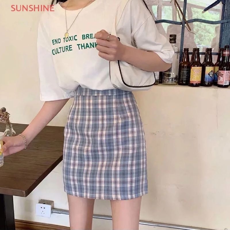 Chân Váy Mini Dáng Chữ A Lưng Cao Họa Tiết Kẻ Sọc Phong Cách Harajuku Hàn Quốc