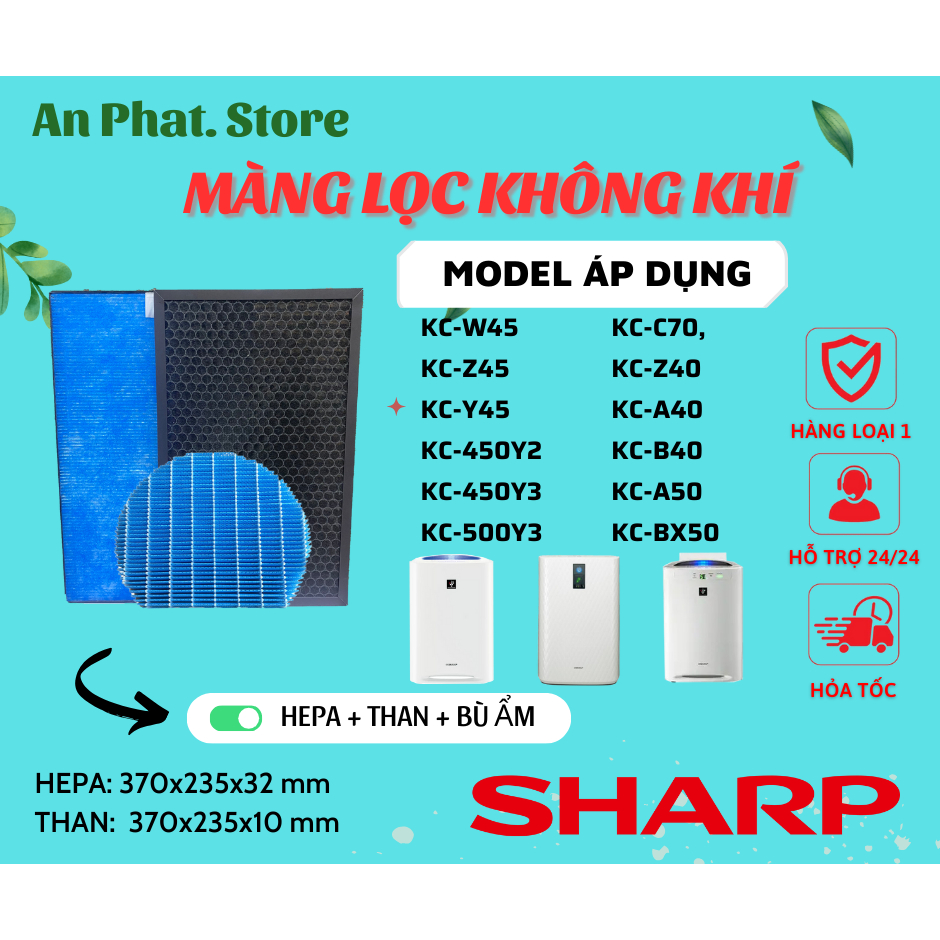 Màng lọc Sharp: KC-W45, Y45, A40, Z40, Z45, B40, B50 ,A50, C70, 500Y5, 500Y4, 50B..Lõi lọc sharp, Màng than hoạt tính