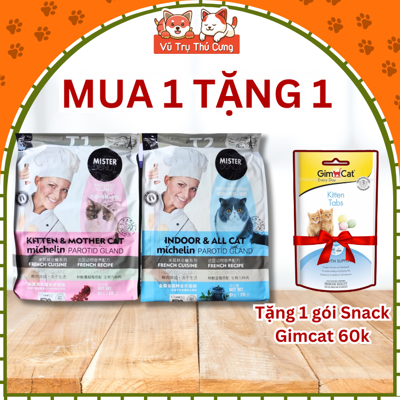 (9Kg) Thức Ăn Hạt Mister Donut T1 và T2 Dành Cho Mèo con, Mèo Trưởng Thành