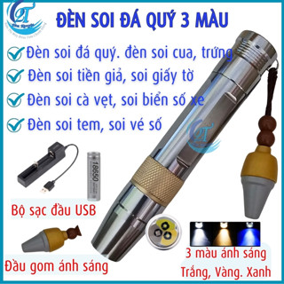 Đèn soi tiền giả, đèn soi đá quý, giấy tờ, đèn soi cua, đèn soi trứng, bằng tia UV 3 màu kèm bộ sạc