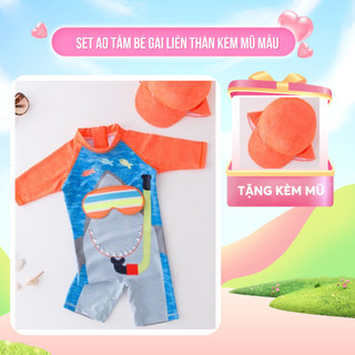 Set đồ bơi kèm mũ liền thân cá mập đeo kính màu cam