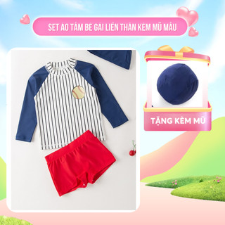 set áo bơi dài tay kẻ sọc kèm quần màu đỏ +mũ phong cách thể thao hiện đại cho bé gái lớn tuổi từ 10-40kg