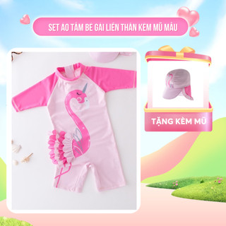 Set đồ bơi hình thiên nga hồng dài tay liền thân kèm mũ