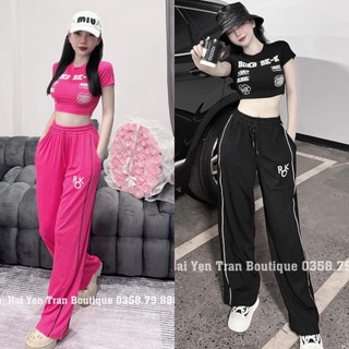 Set Bộ Nữ. Áo Thun Croptop Phối Viền Kèm Quần Dáng Dài In Họa Tiết