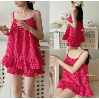 Bộ mặc nhà 2 dây nữ vải đũi kẻ caro Set mặc nhà đồ ngủ nữ Babydoll cực mát cực xinh