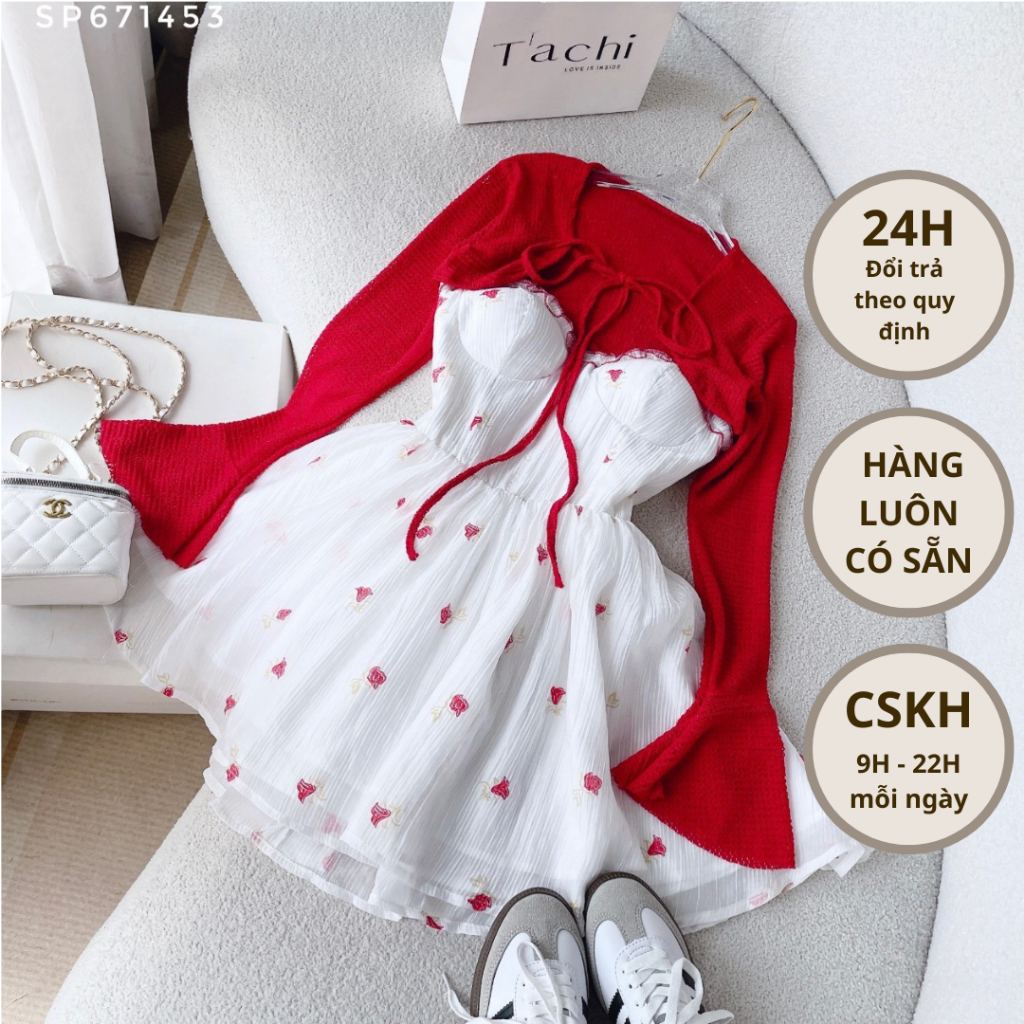 Set đầm 2s hoa + khoác  đỏ  # 671453