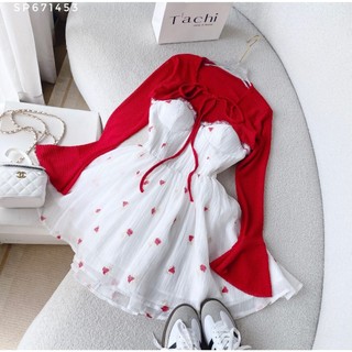 Set đầm 2s hoa + khoác  đỏ  # 671453