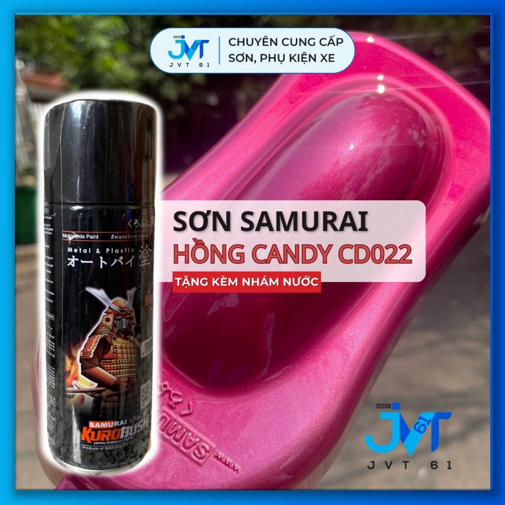 Sơn xịt Samurai CD022 Hồng Candy bóng - Cần sơn trên nền bạc PS124 để lên đúng màu