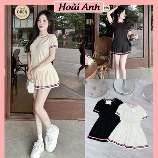 Set Bộ Đồ Nữ Áo Ngắn Tay Viền Cổ Hồng Ngắn Tay Phối Viền Thoem Mix Chân Váy Xếp Ly Freesize