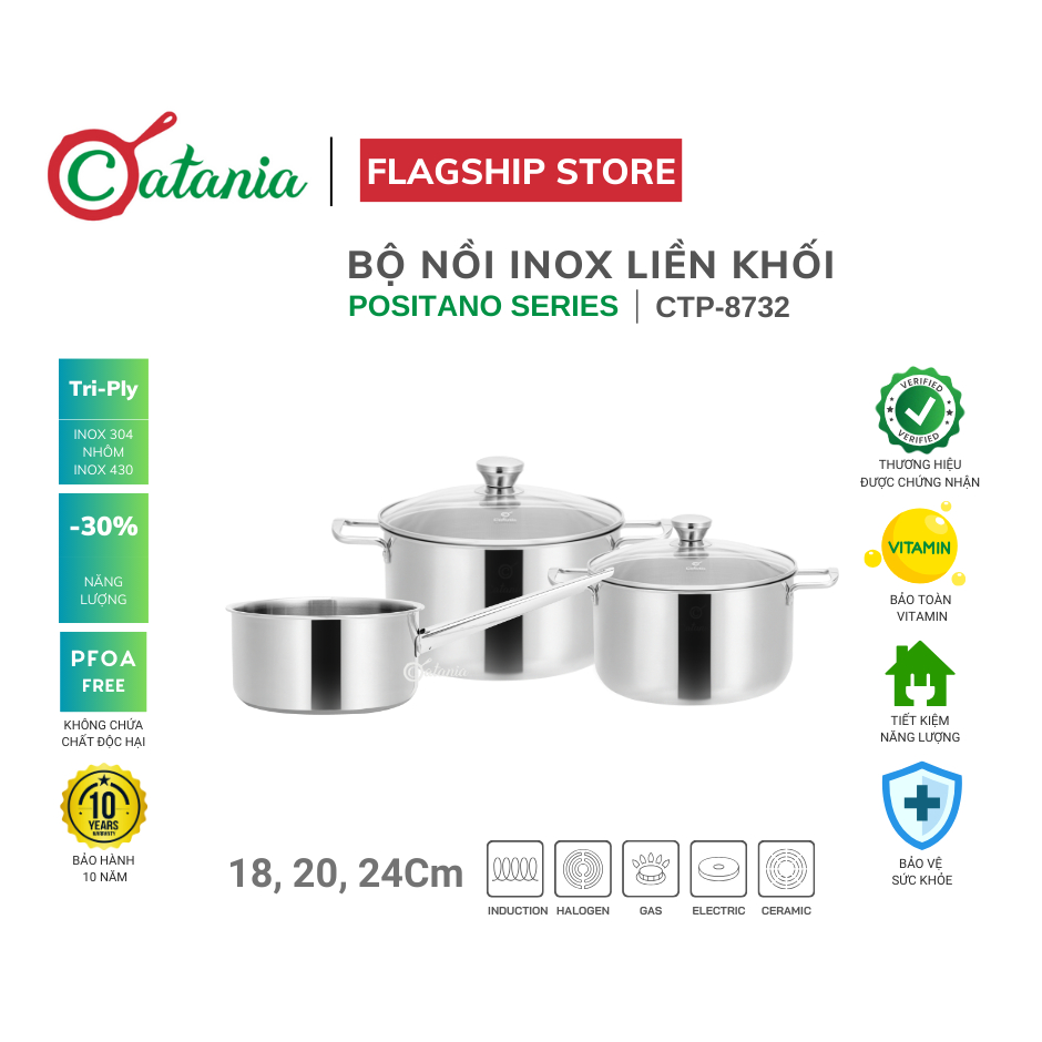 Bộ nồi inox liền khối 3 chiếc Catania Positano CTP-8732