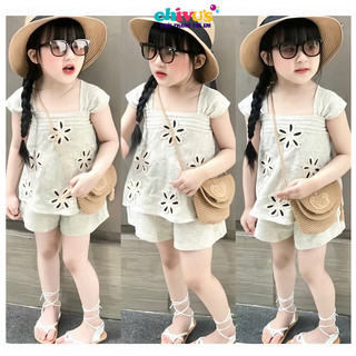 Đồ bộ bé gái, set bé gái chất bố mềm đính hoa thiết kế tay tiên dáng xòe kết hợp quần sooc siêu xinh cho bé