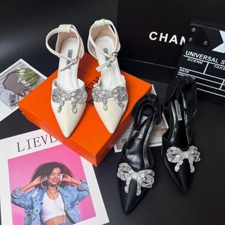 Giày sandal cao gót bít nơ kết đá gót 7cm, Guốc cá tính mũi nhọn da lụa xước quai kéo tiểu thư cô dâu đi tiệc "A1"