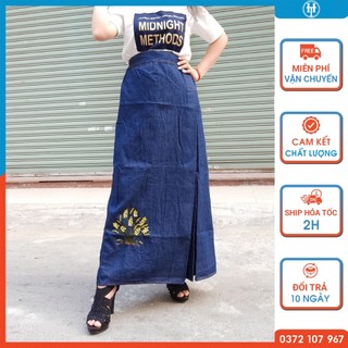 Váy chống nắng jean cao cấp vải cotton dày dặn có túi phía trước thêu Bông lúa JHT102 H&T FASHION