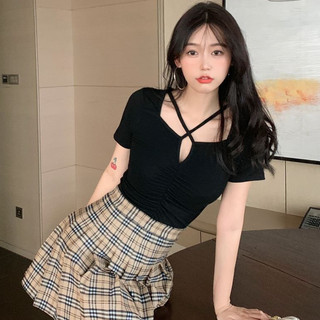 Áo kiểu nữ mùa hè tay ngắn ôm eo,áo croptop nữ kiểu phối dây chéo cổ mẫu mới B39