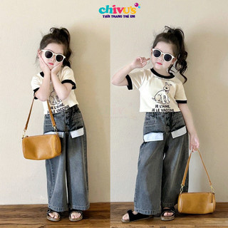 Đồ bộ cho bé gái 2 chi tiết gồm áo cotton kèm quần bò dáng xuông sành điệu, set bé gái style đơn giản cực xinh
