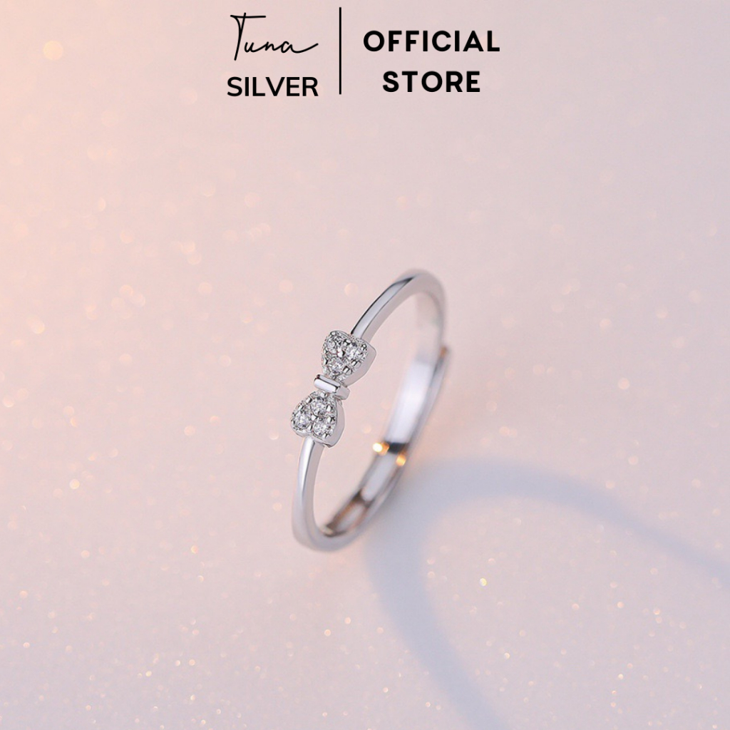Nhẫn Bạc nữ gắn đá nơ cao cấp, Nhẫn bạc đá đính đá basic hình nơ TUNA SILVER Trang sức Bạc cao cấp C