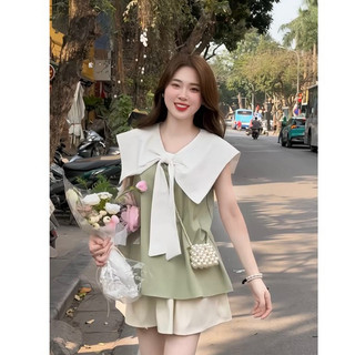 Set áo cổ thuỷ thủ buộc nơ mix chân váy xòe, set áo thủy thủ phong cách loli hàn quốc