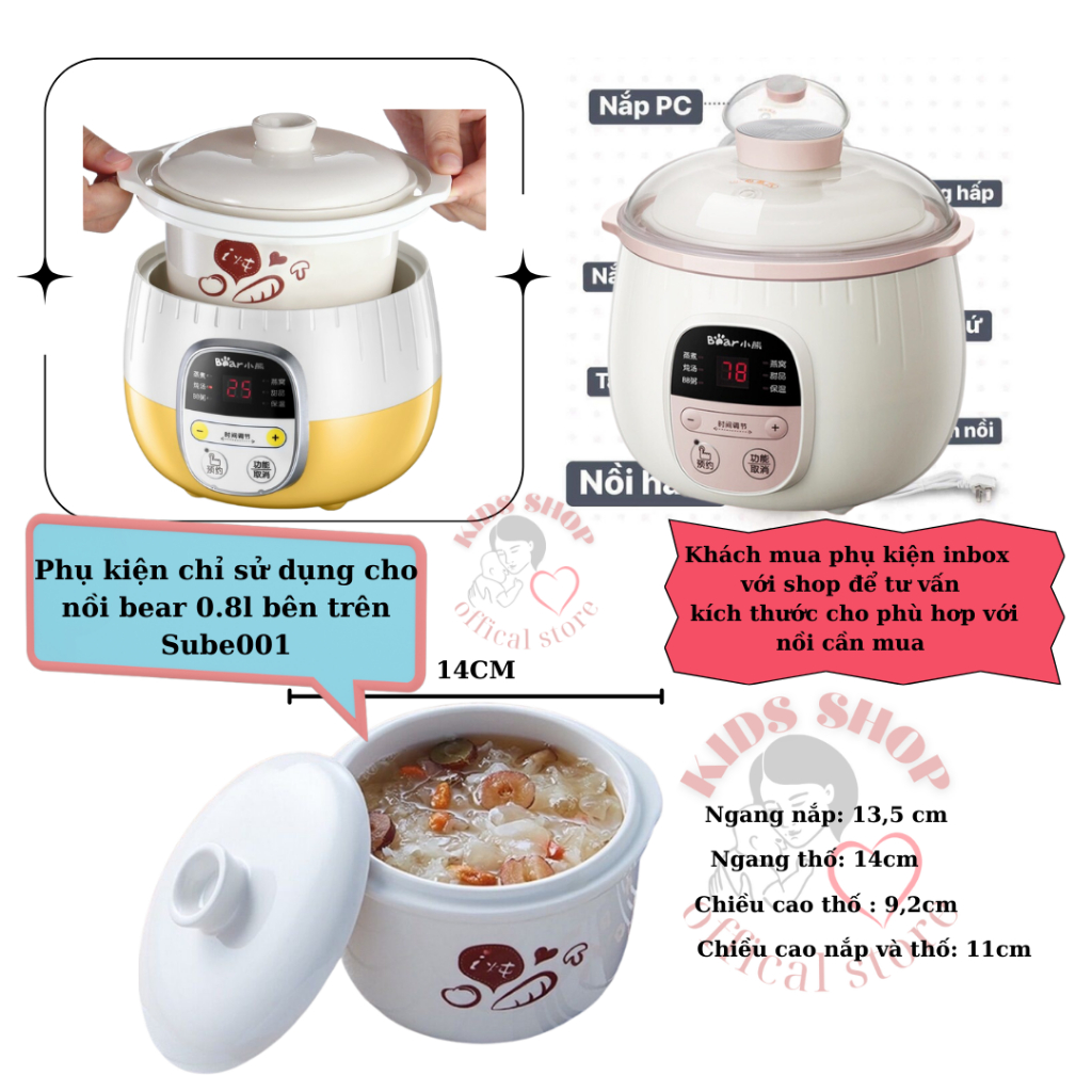 Phụ kiện nồi bear 0,8L_Thố sứ thay thế, nắp sứ thay thế, phụ kiện nồi bear_Nồi nấu cháo chậm cho bé