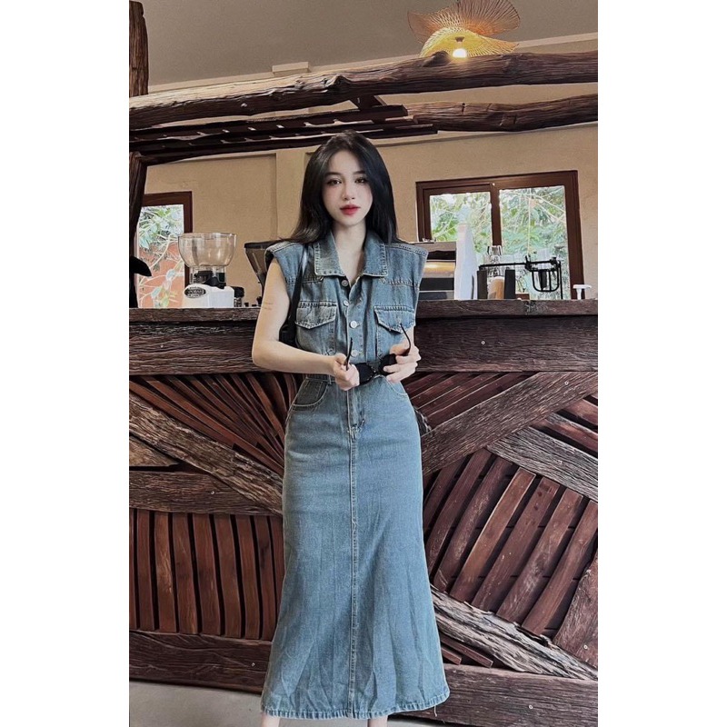 Đầm Jean Body Dáng Dài Cộc Tay Đầm Sơ Mi Jean Thanh Lịch Đầm Công Sở Đi Làm Văn Phòng Đầm Jean - Thờ