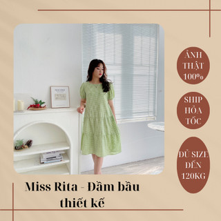 Đầm bầu thiết kế công sở MISS RITA Đầm bầu công sở mùa hè kẻ caro xanh bơ đuôi cá cổ tròn tay bo chun