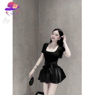 Váy cổ vuông dáng ngắn phối nơ buộc